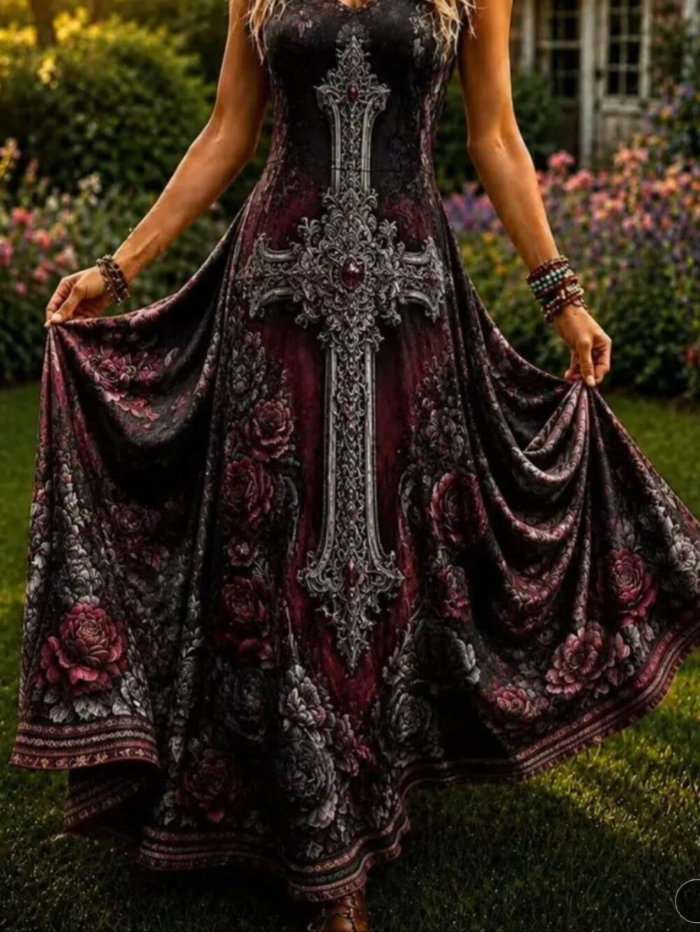 Black Gothic Print Maxi Skirt - Unbranded
